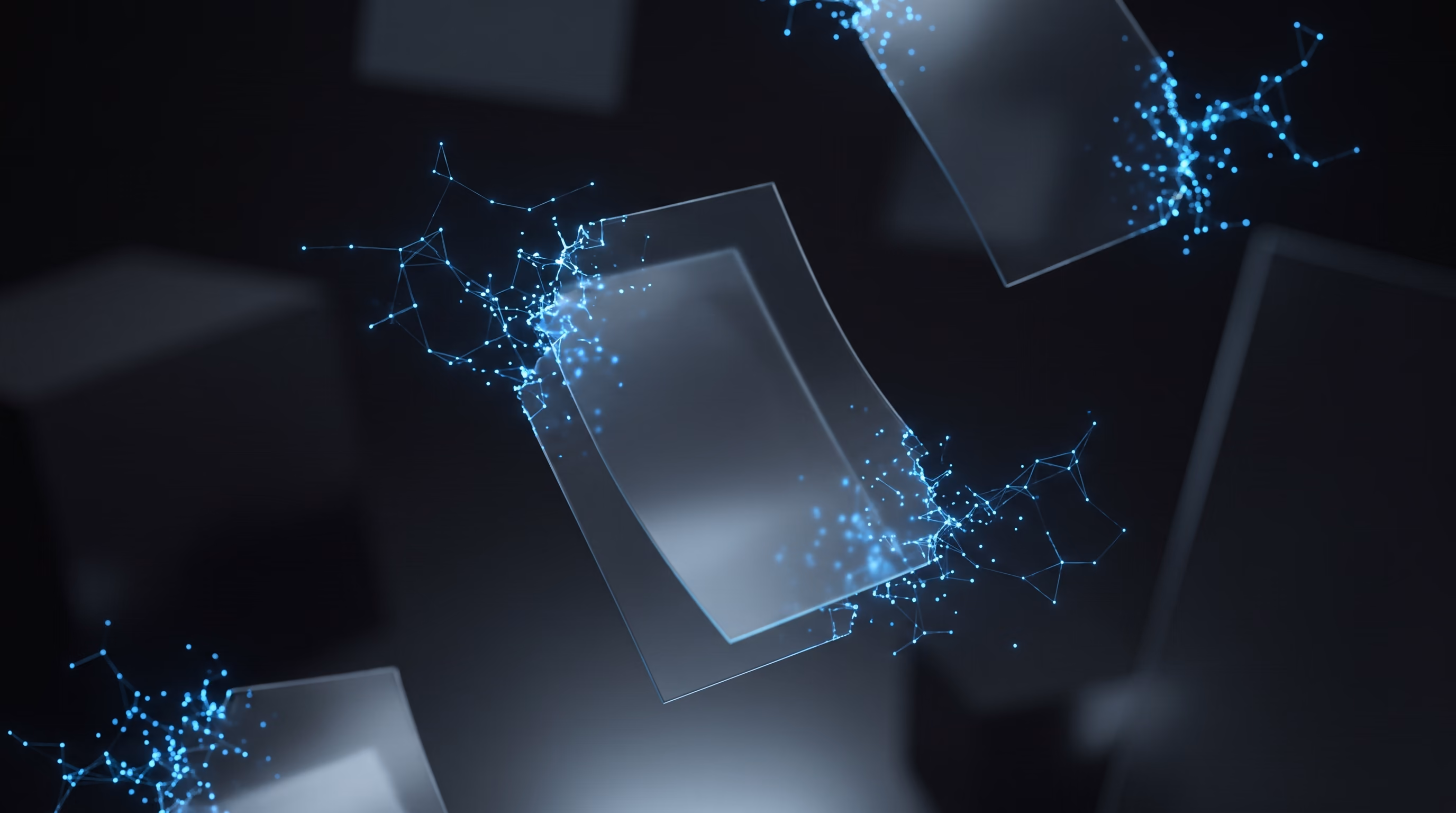 Abstract visualization of AI document intelligence — translucent paper sheets dissolving into glowing data nodes