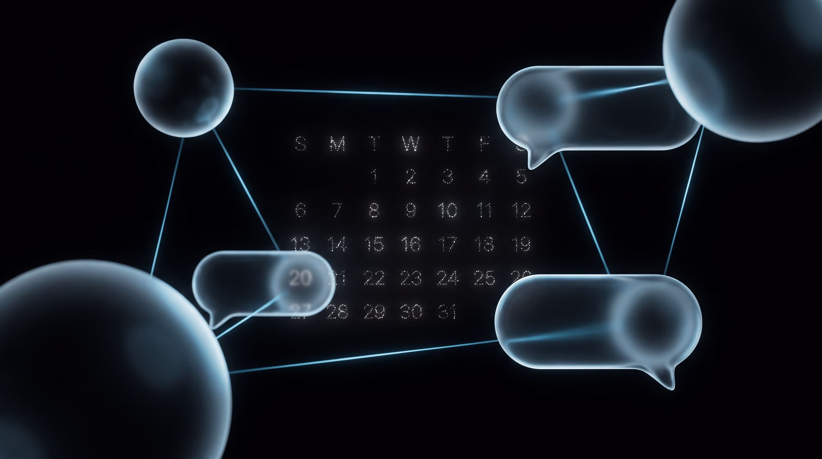 Abstract frosted-glass chat bubbles connected by glowing cyan threads with a calendar grid materializing from light particles