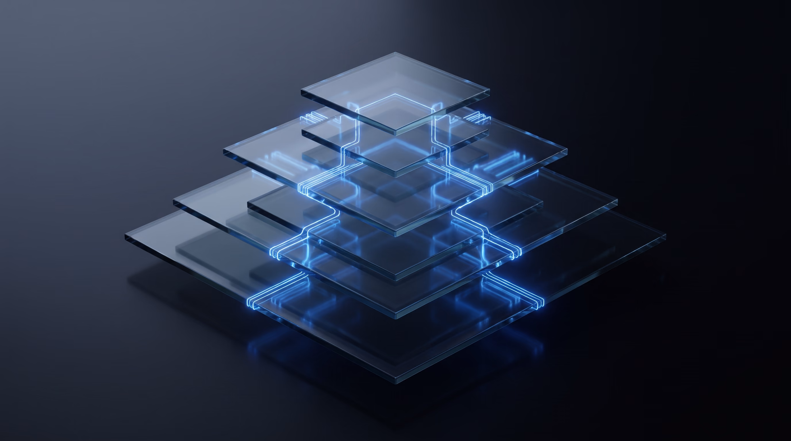 Abstract multi-level approval flow visualized as ascending translucent glass platforms connected by glowing blue light paths