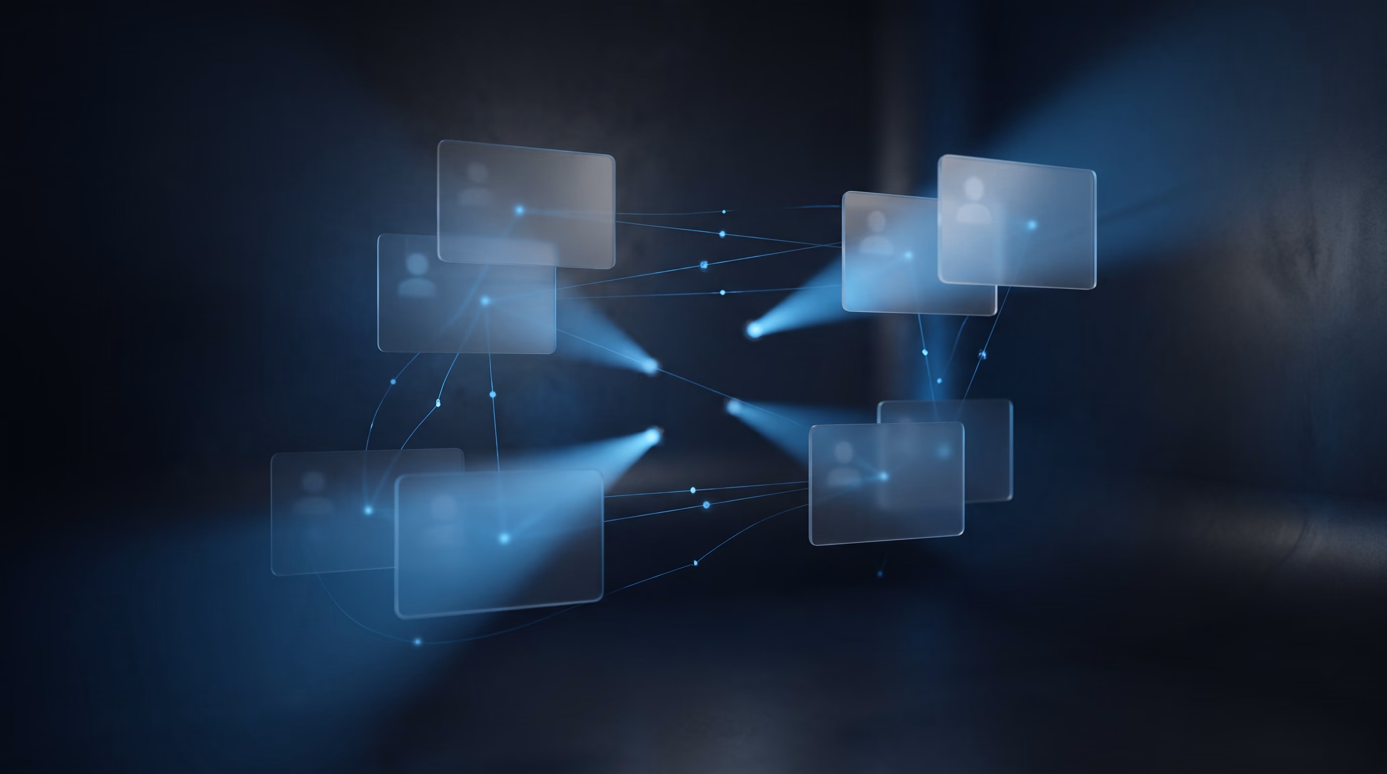 Abstract visualization of candidate profile cards being sorted by glowing light beams with connecting network nodes on a dark background