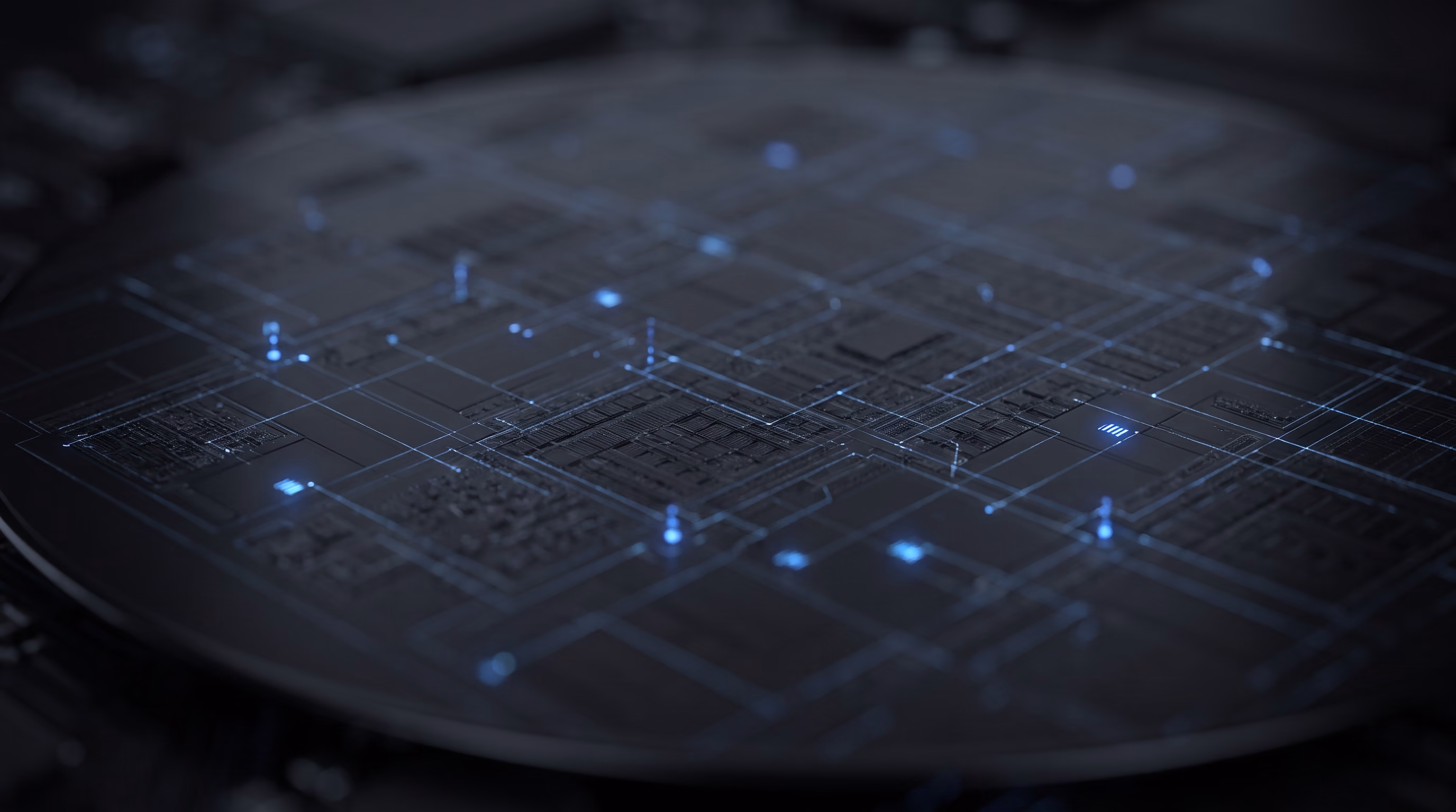 Macro abstract visualization of a semiconductor wafer with glowing defect-detection markers and neural network overlay lines