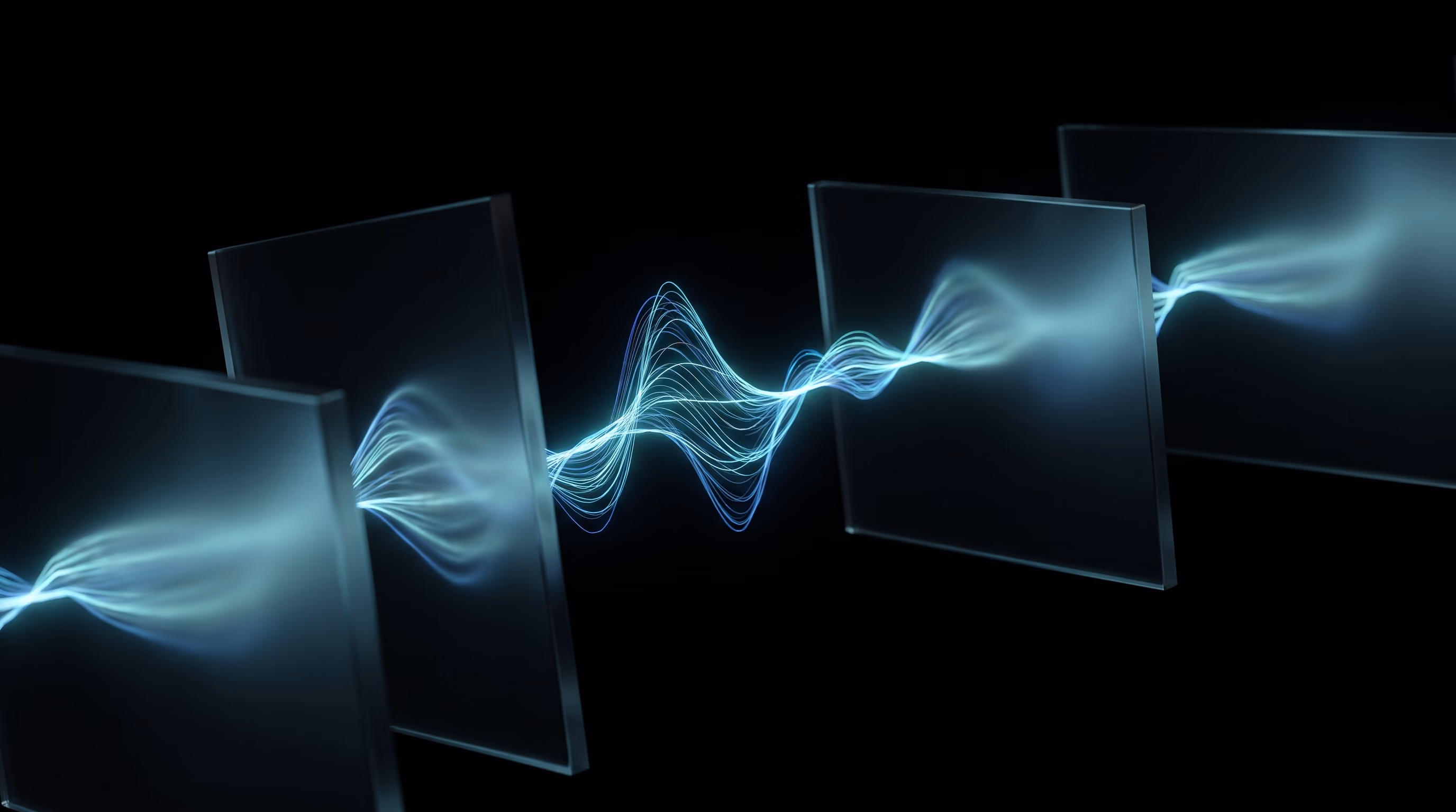 Abstract glowing sound waveform of luminous cyan and blue light lines rippling across a dark void with frosted glass panels